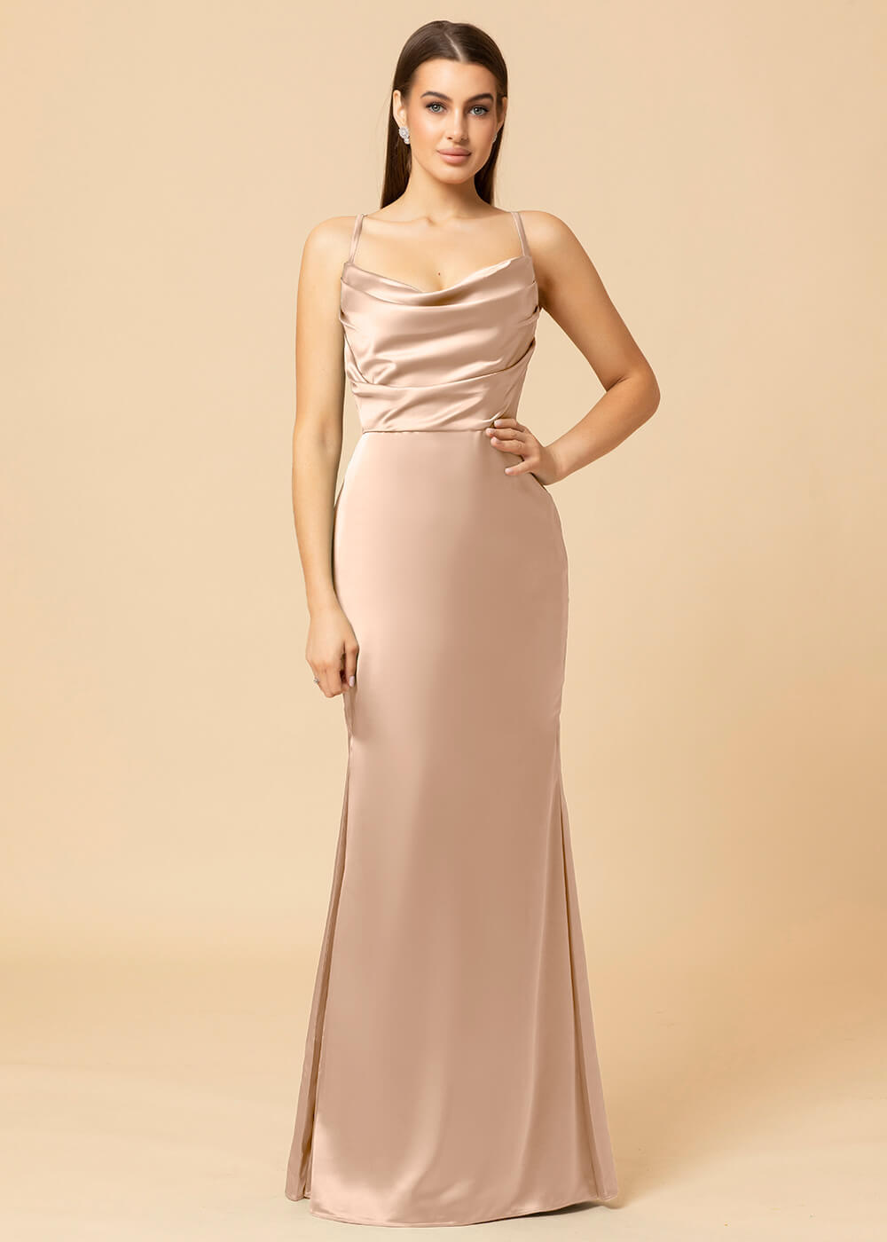 Cowl Necl Sheath Satin Maxi Bridesmaid Dress