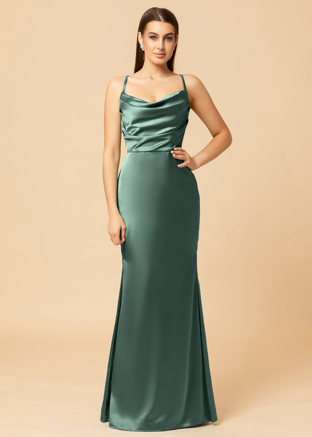 Cowl Necl Sheath Satin Maxi Bridesmaid Dress