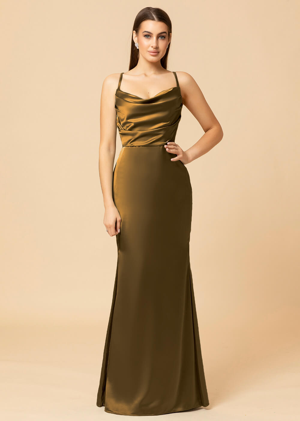Cowl Necl Sheath Satin Maxi Bridesmaid Dress