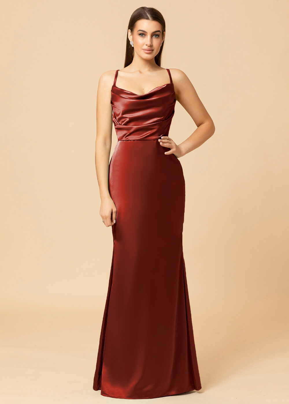 Cowl Necl Sheath Satin Maxi Bridesmaid Dress