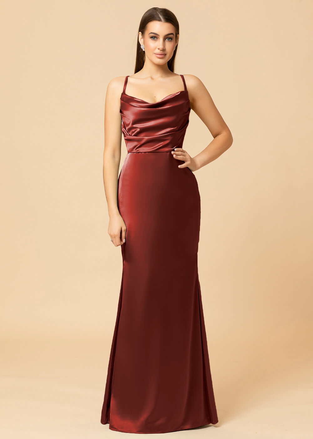 Cowl Necl Sheath Satin Maxi Bridesmaid Dress
