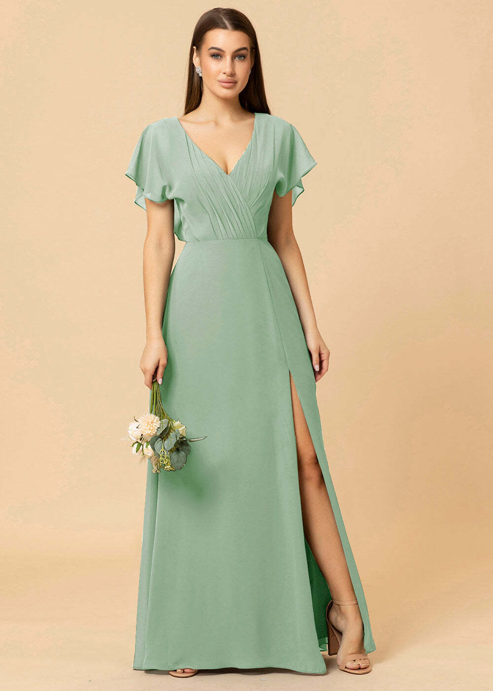 V-neck A-line Cap Sleeve Chiffon Long Bridesmaid Dress