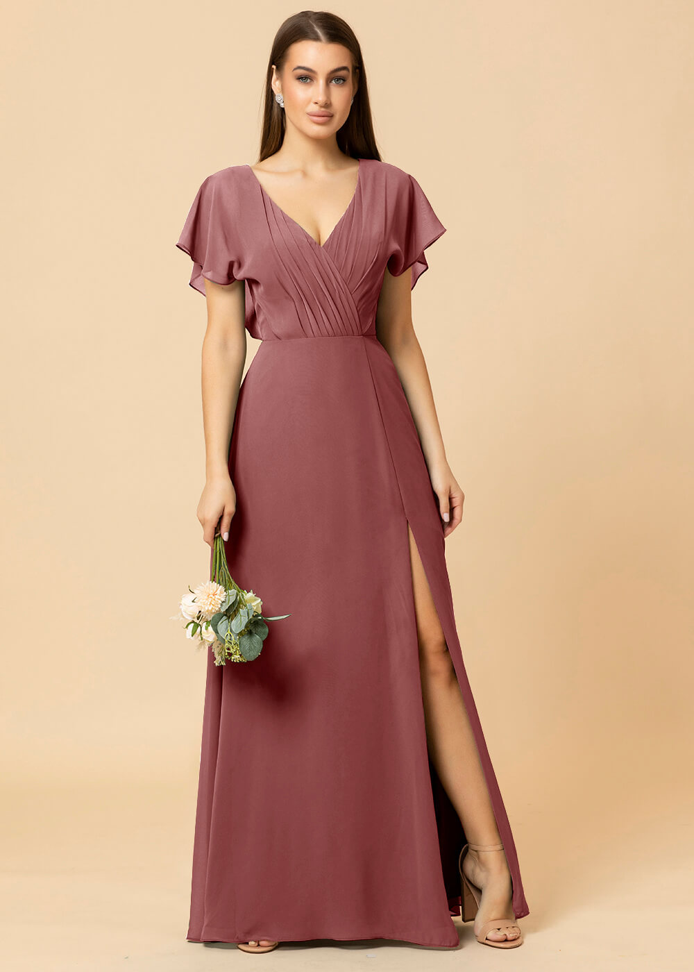 V-neck A-line Cap Sleeve Chiffon Long Bridesmaid Dress