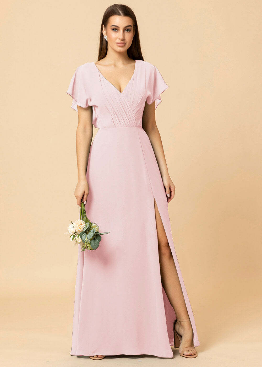 V-neck A-line Cap Sleeve Chiffon Long Bridesmaid Dress