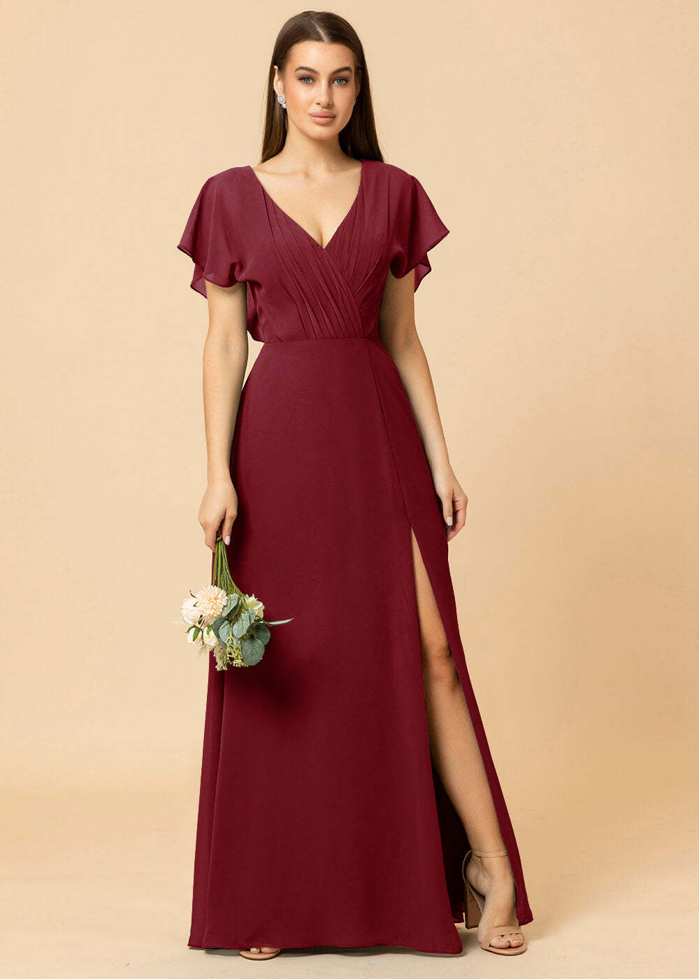 V-neck A-line Cap Sleeve Chiffon Long Bridesmaid Dress