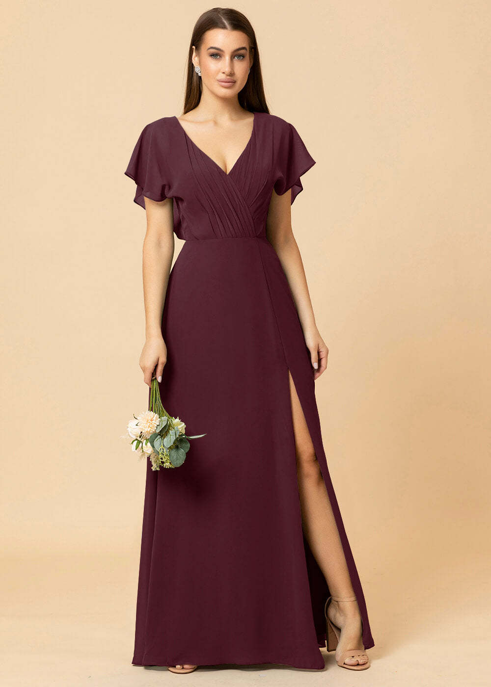 V-neck A-line Cap Sleeve Chiffon Long Bridesmaid Dress