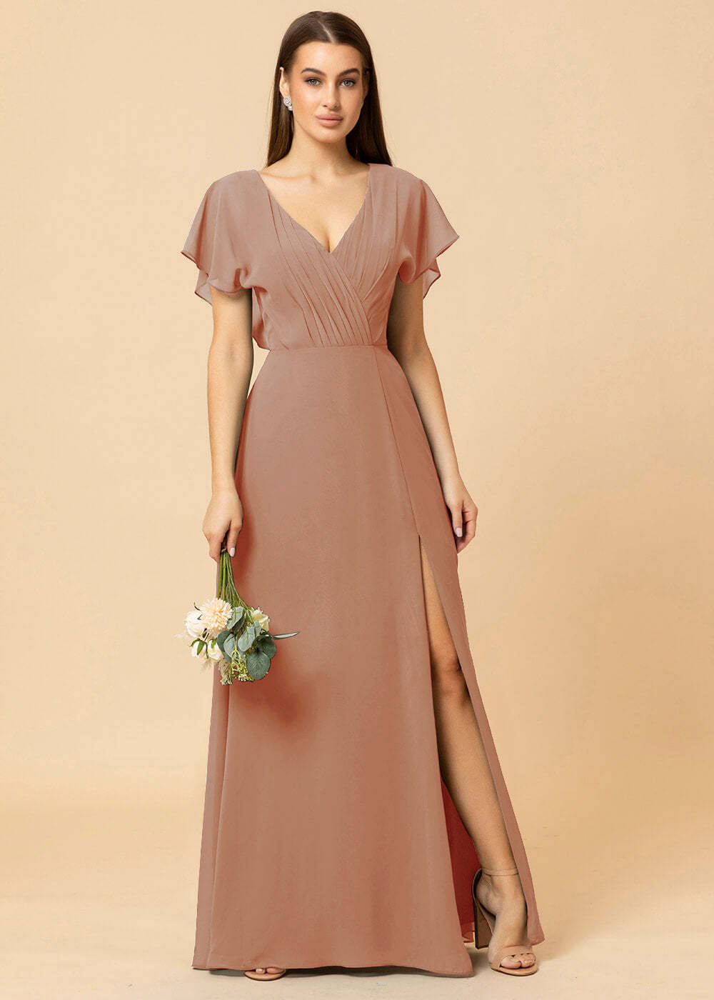 V-neck A-line Cap Sleeve Chiffon Long Bridesmaid Dress
