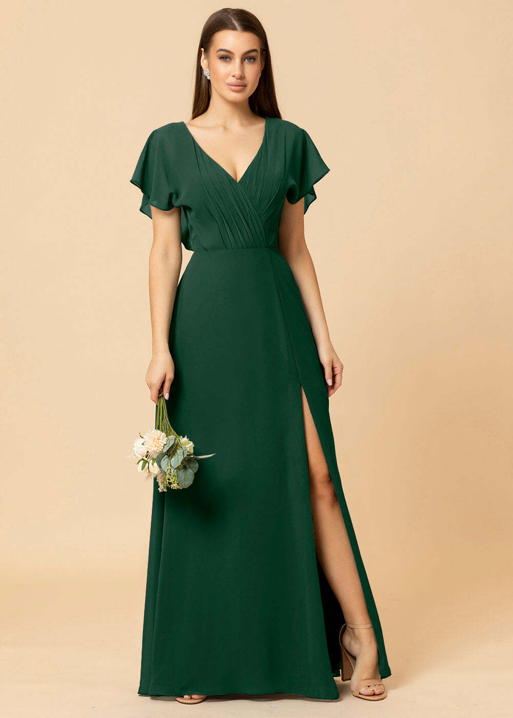 V-neck A-line Cap Sleeve Chiffon Long Bridesmaid Dress