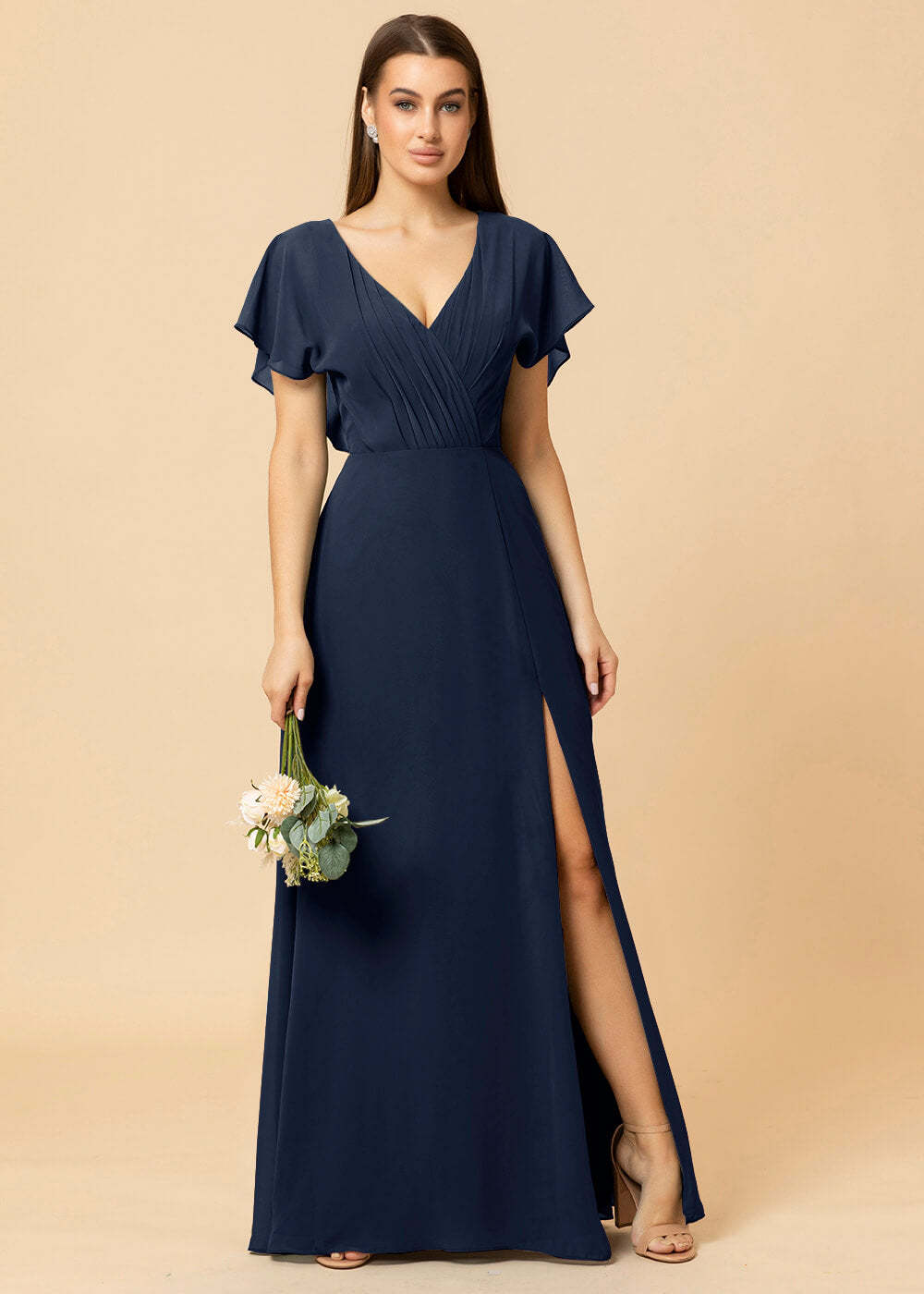 V-neck A-line Cap Sleeve Chiffon Long Bridesmaid Dress