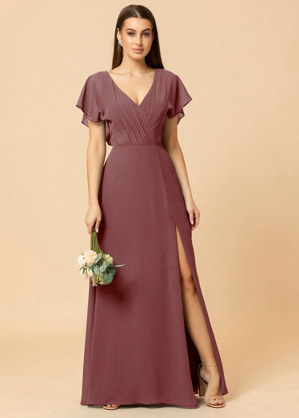 V-neck A-line Cap Sleeve Chiffon Long Bridesmaid Dress