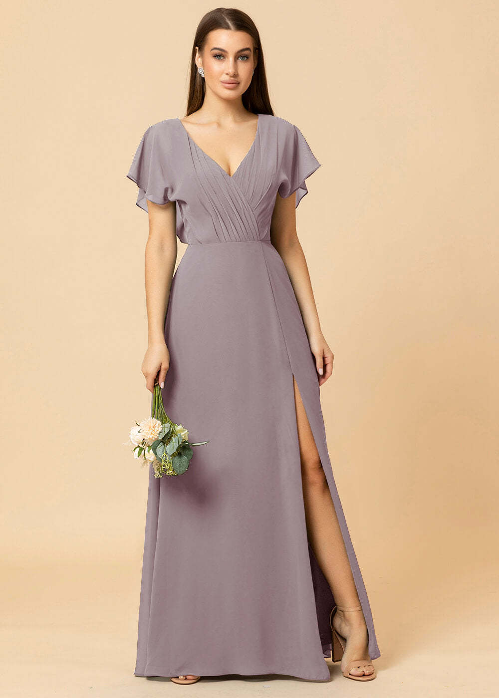 V-neck A-line Cap Sleeve Chiffon Long Bridesmaid Dress