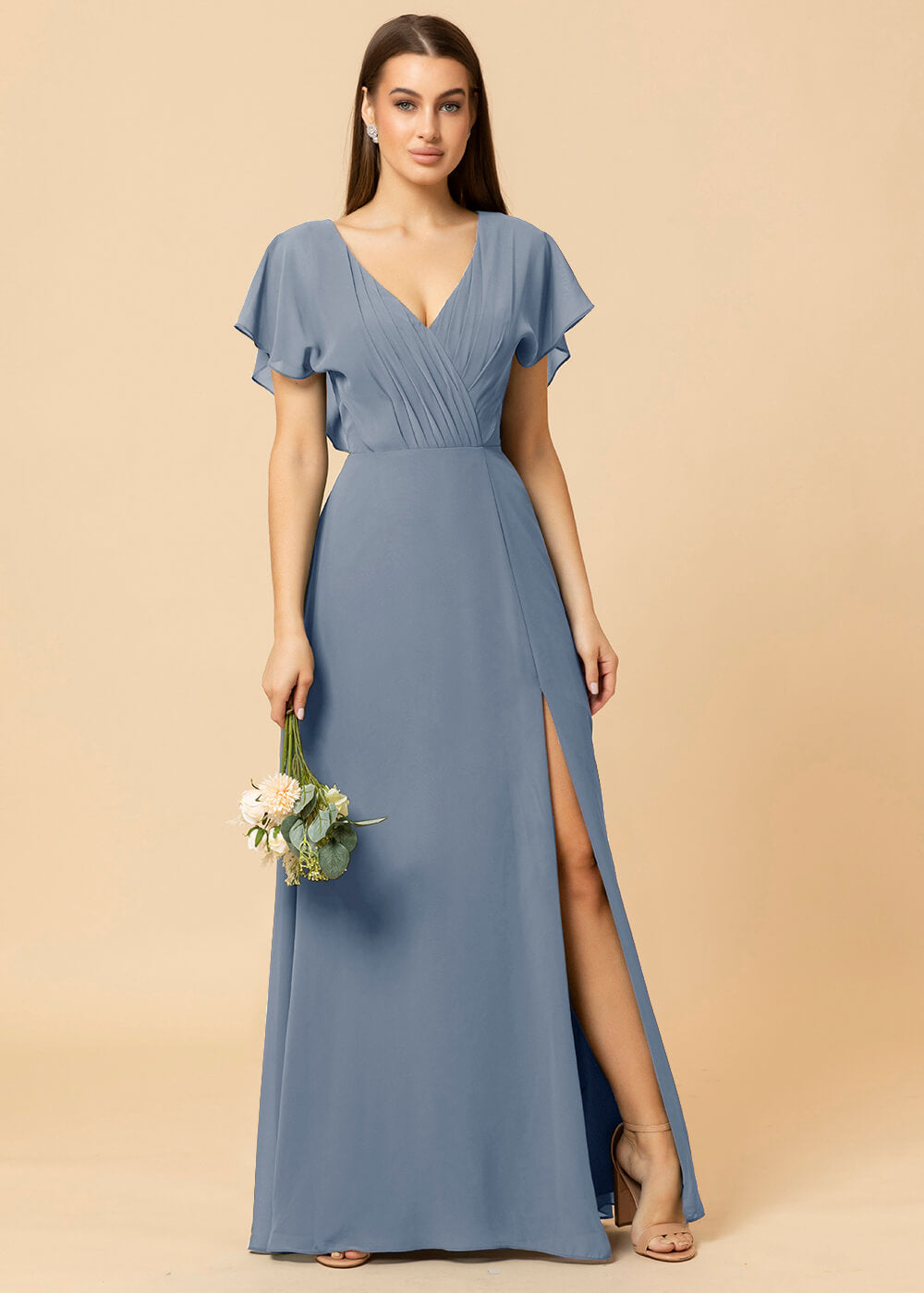 V-neck A-line Cap Sleeve Chiffon Long Bridesmaid Dress