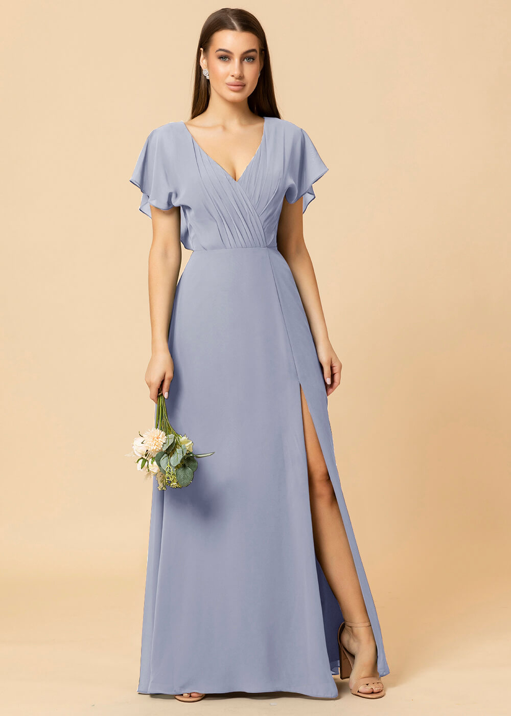 V-neck A-line Cap Sleeve Chiffon Long Bridesmaid Dress
