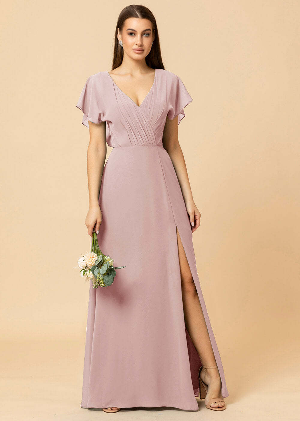 V-neck A-line Cap Sleeve Chiffon Long Bridesmaid Dress