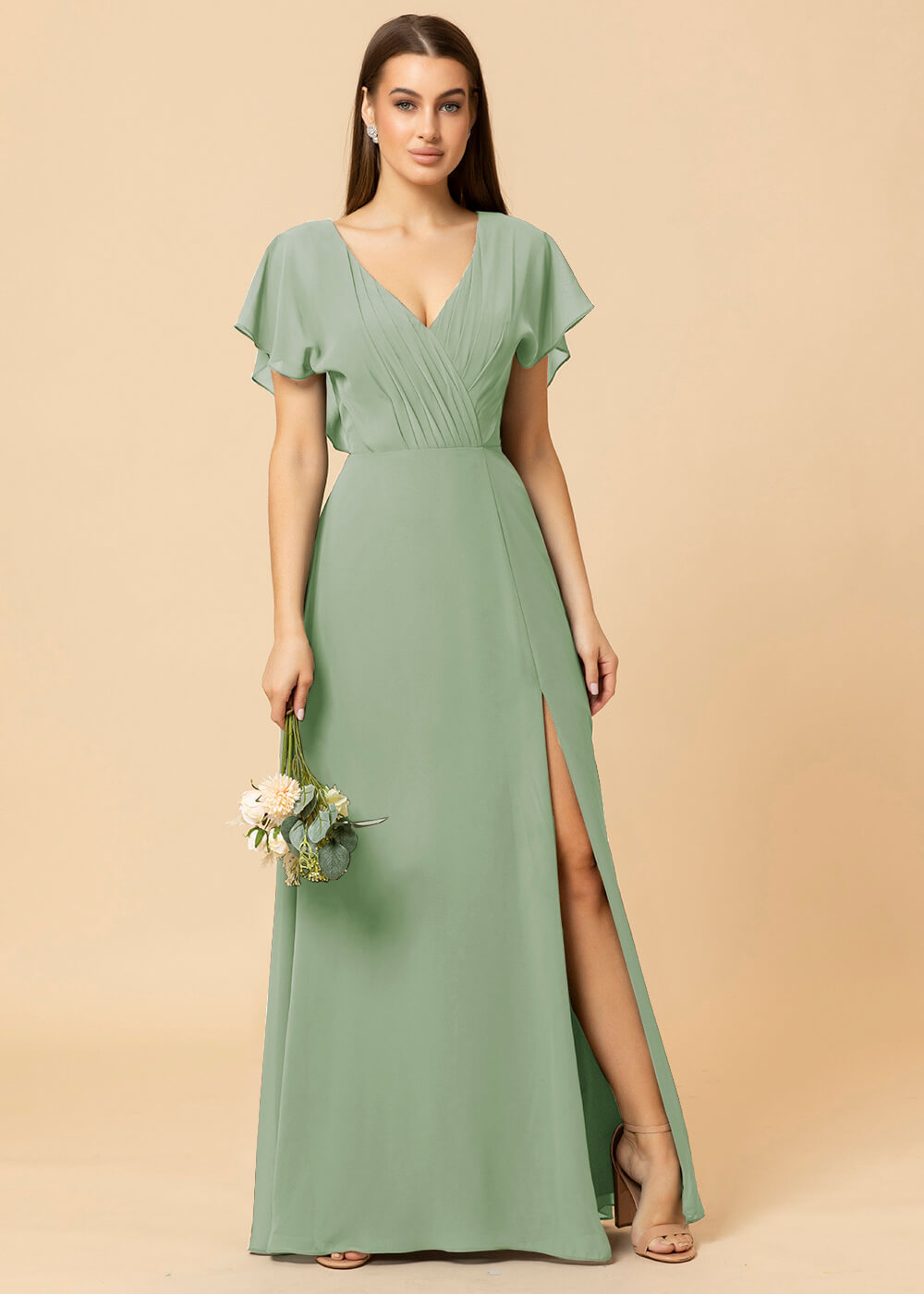 V-neck A-line Cap Sleeve Chiffon Long Bridesmaid Dress