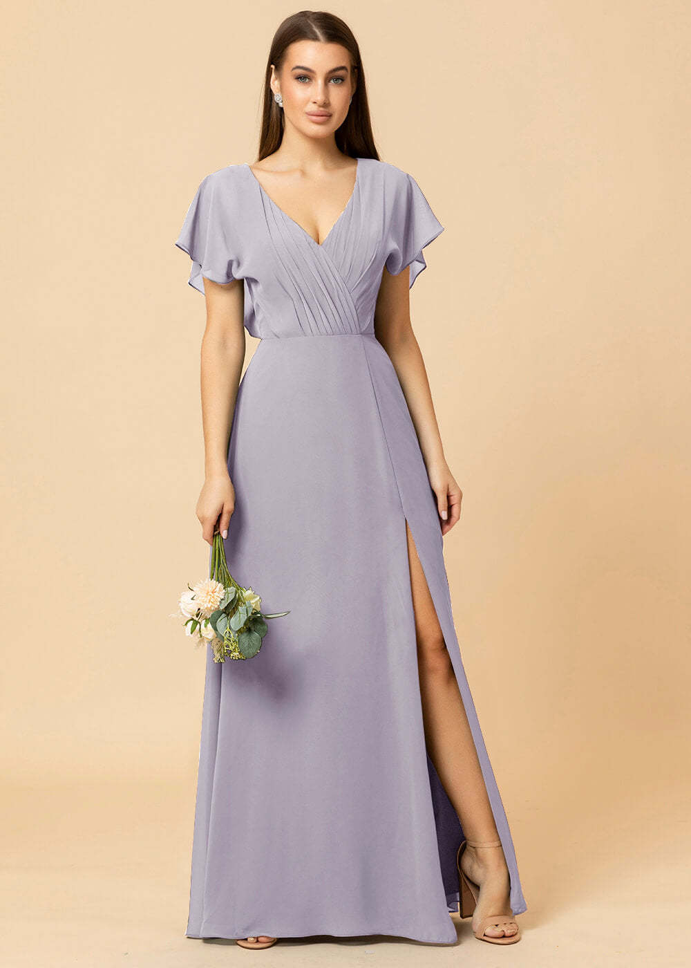 V-neck A-line Cap Sleeve Chiffon Long Bridesmaid Dress