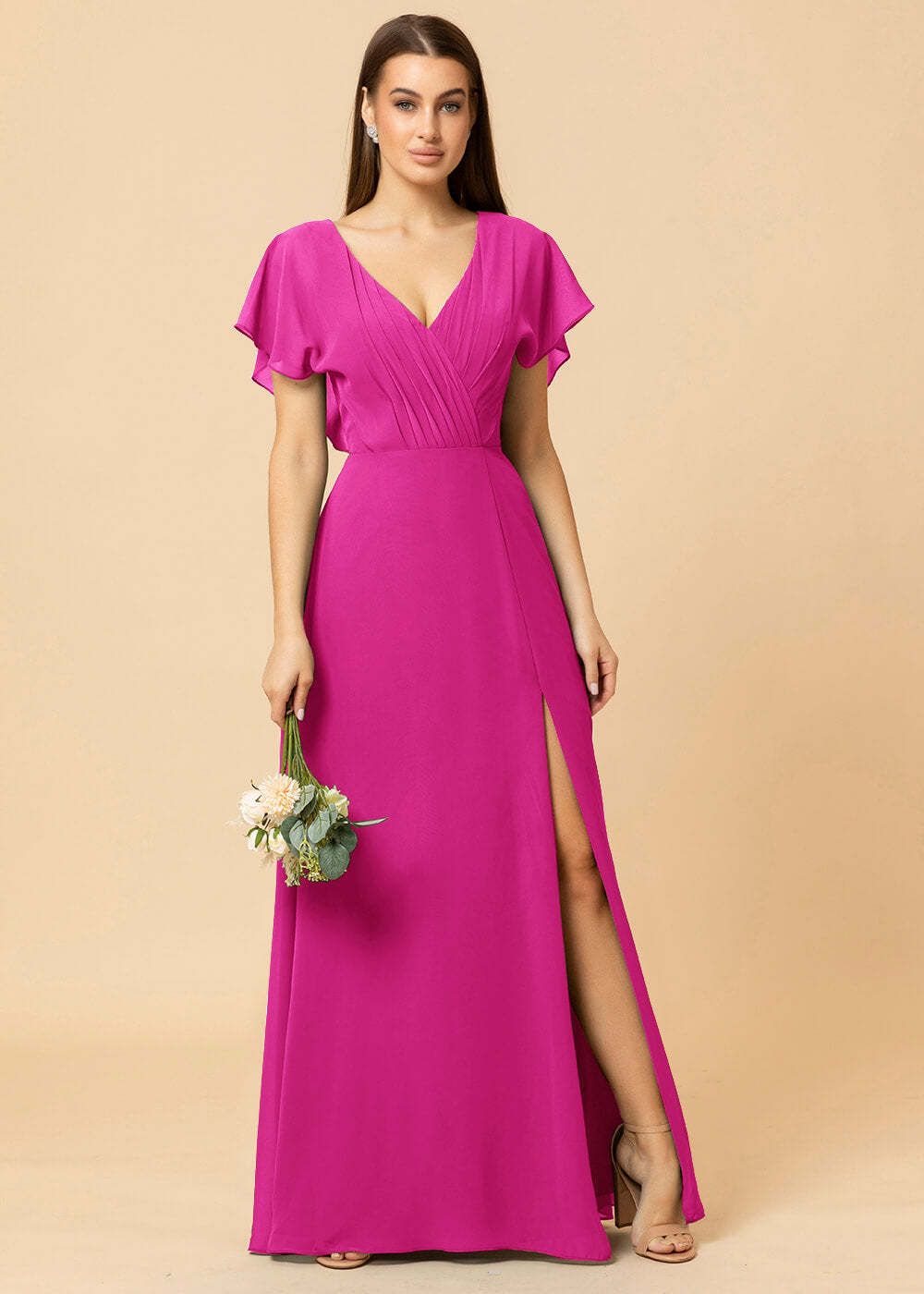 V-neck A-line Cap Sleeve Chiffon Long Bridesmaid Dress