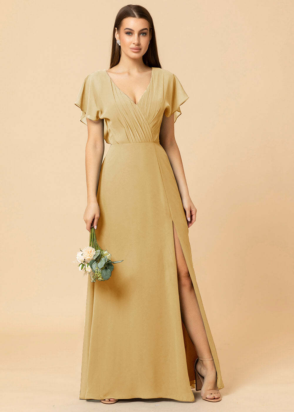 V-neck A-line Cap Sleeve Chiffon Long Bridesmaid Dress