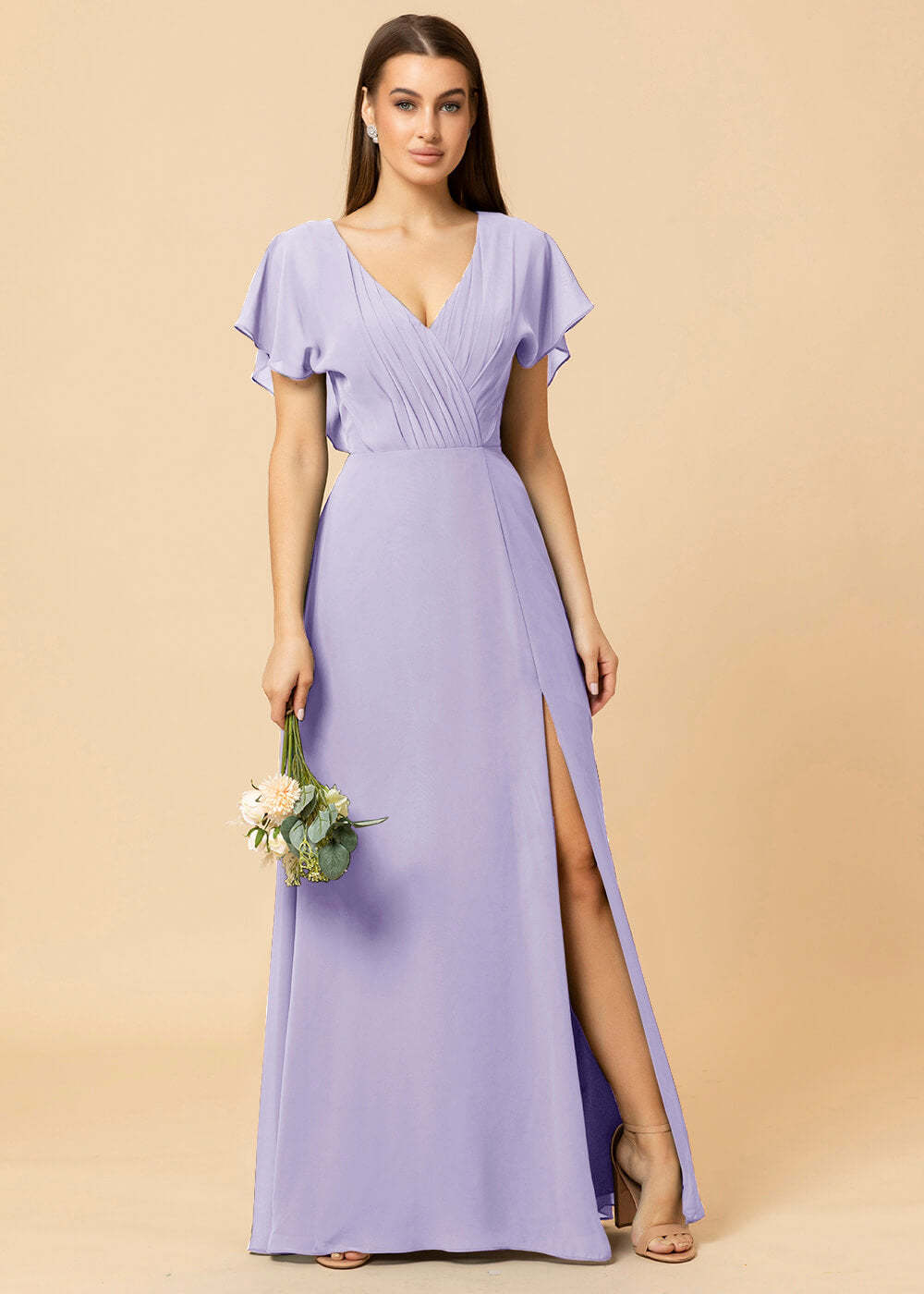 V-neck A-line Cap Sleeve Chiffon Long Bridesmaid Dress
