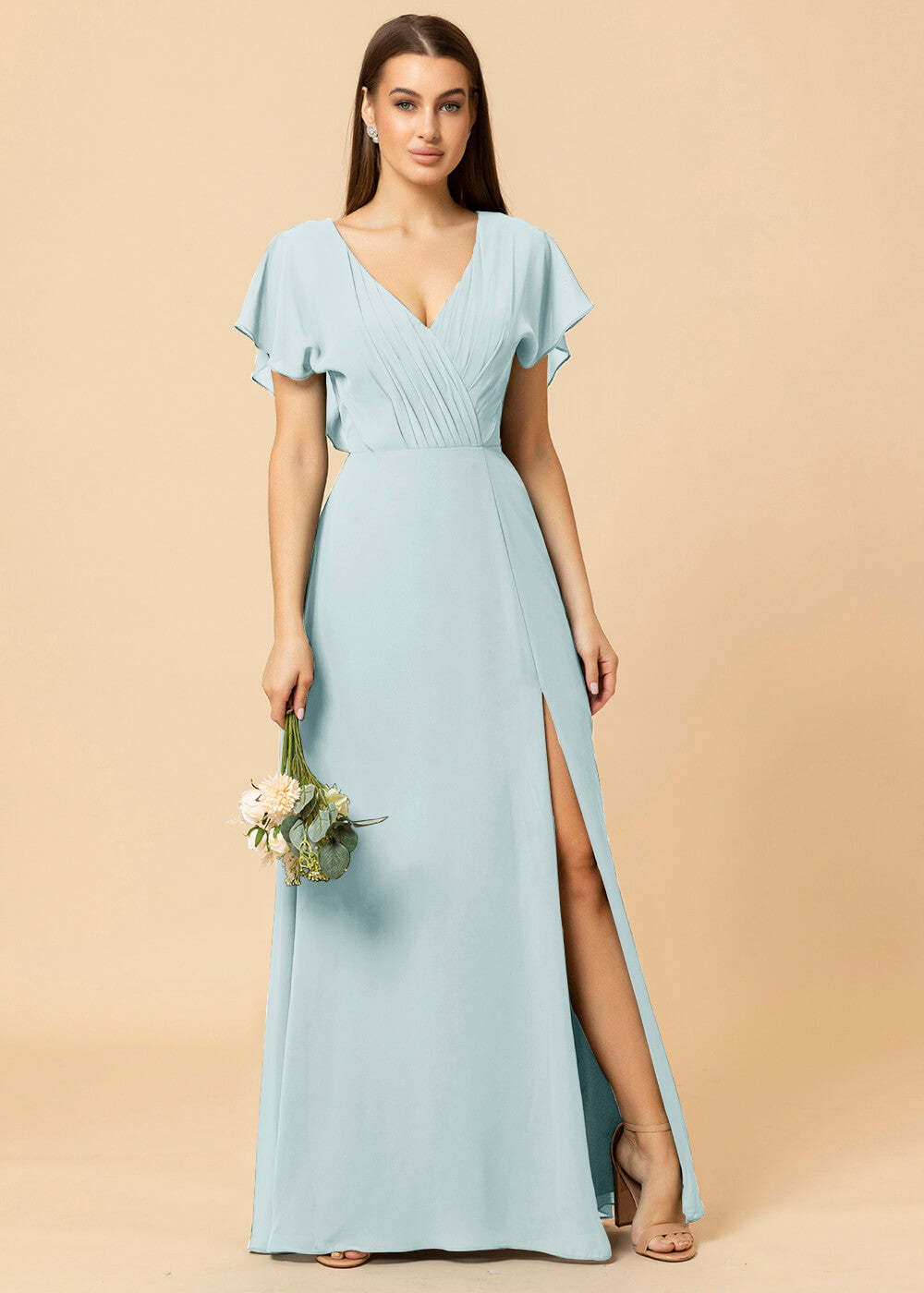 V-neck A-line Cap Sleeve Chiffon Long Bridesmaid Dress