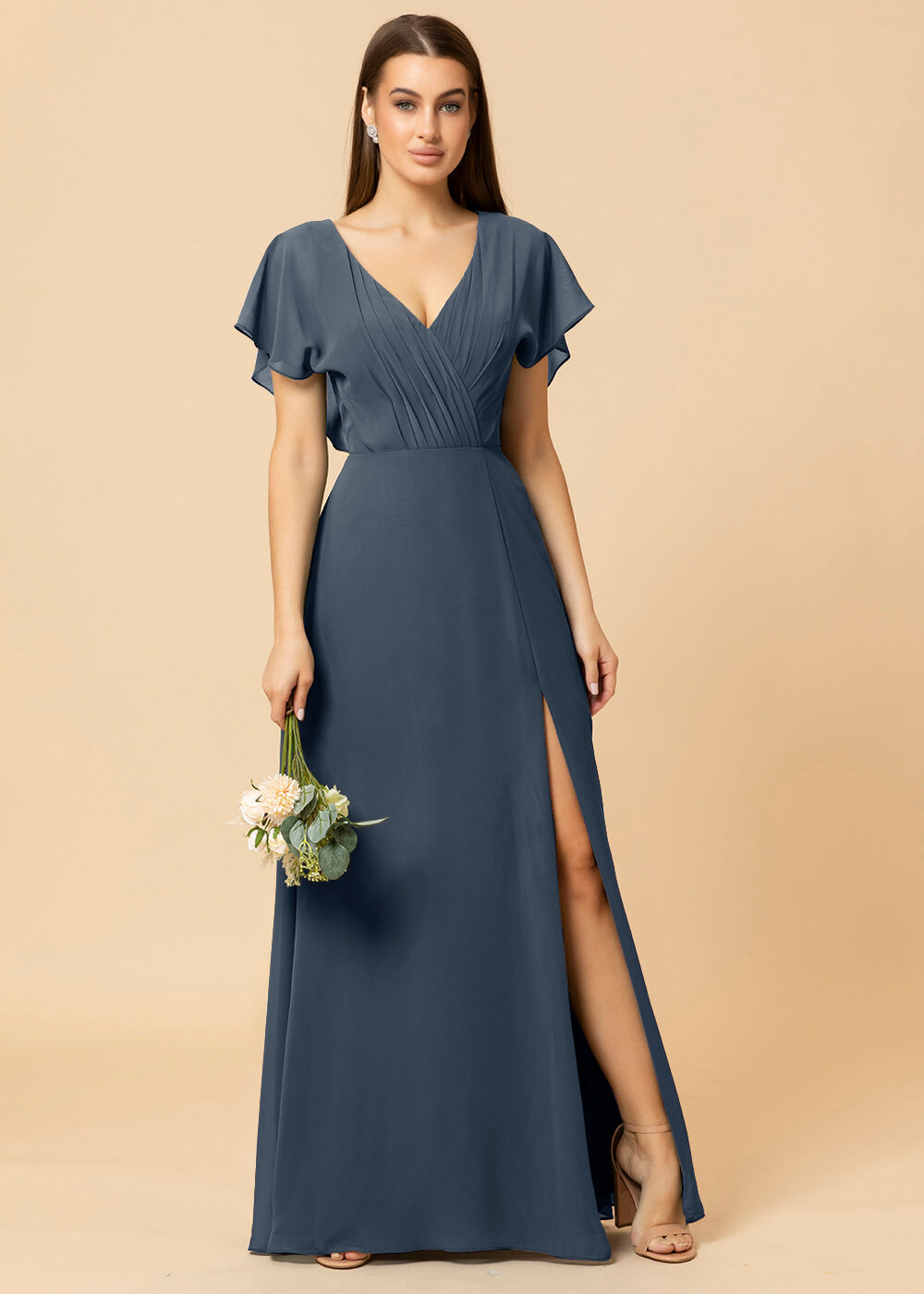 V-neck A-line Cap Sleeve Chiffon Long Bridesmaid Dress