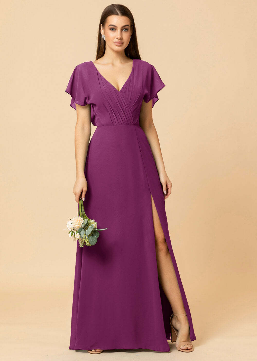V-neck A-line Cap Sleeve Chiffon Long Bridesmaid Dress