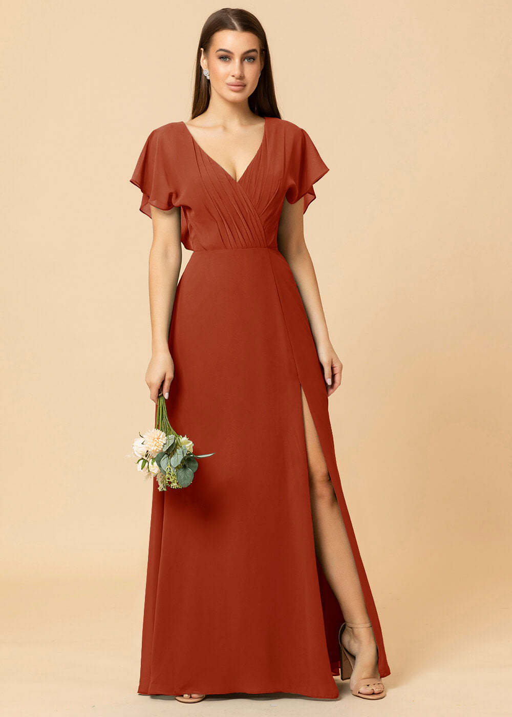 V-neck A-line Cap Sleeve Chiffon Long Bridesmaid Dress