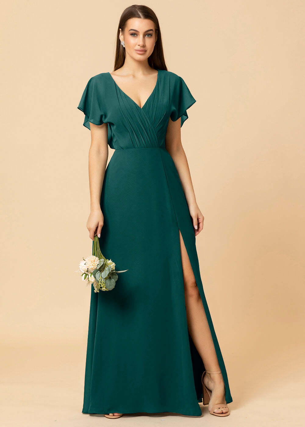 V-neck A-line Cap Sleeve Chiffon Long Bridesmaid Dress