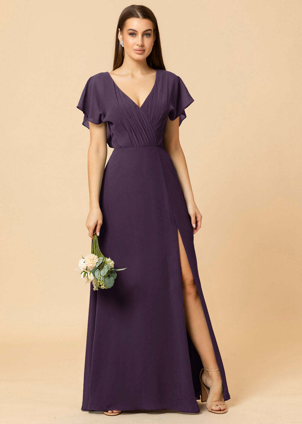 V-neck A-line Cap Sleeve Chiffon Long Bridesmaid Dress