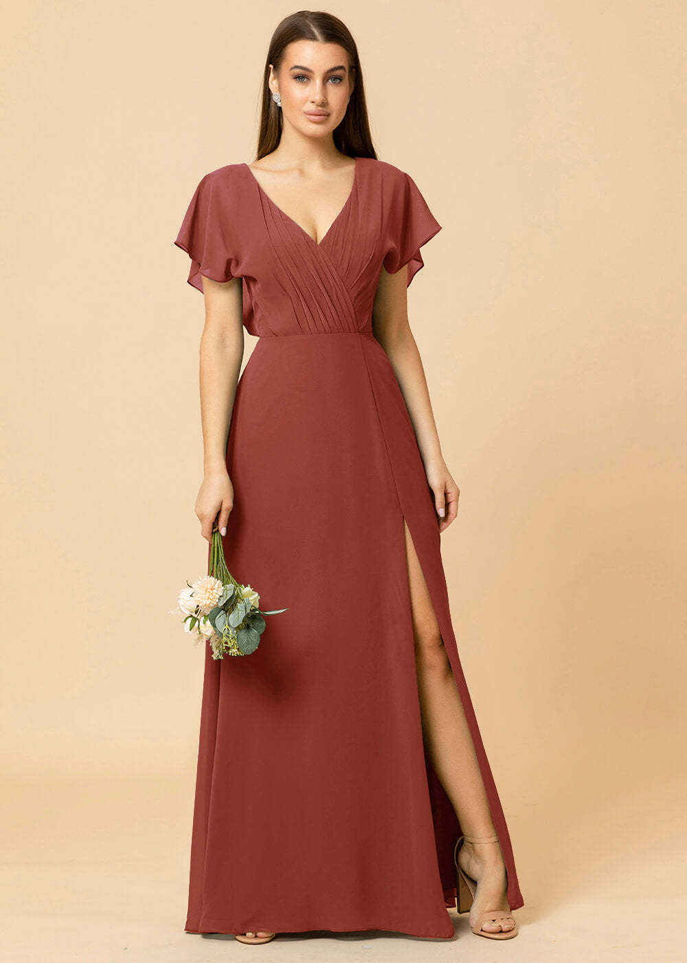 V-neck A-line Cap Sleeve Chiffon Long Bridesmaid Dress