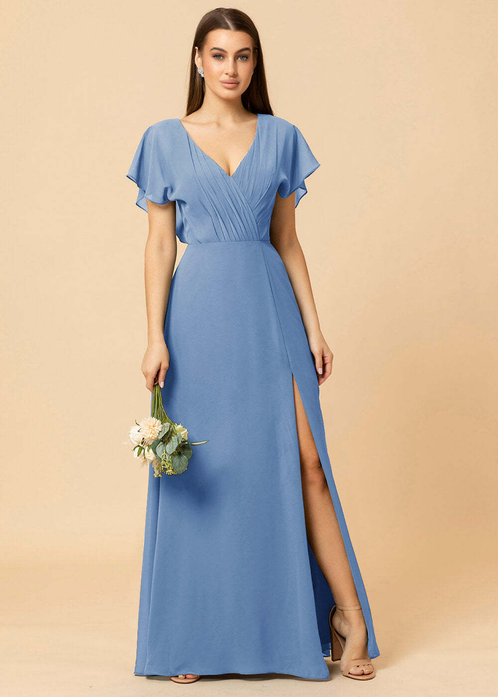 V-neck A-line Cap Sleeve Chiffon Long Bridesmaid Dress