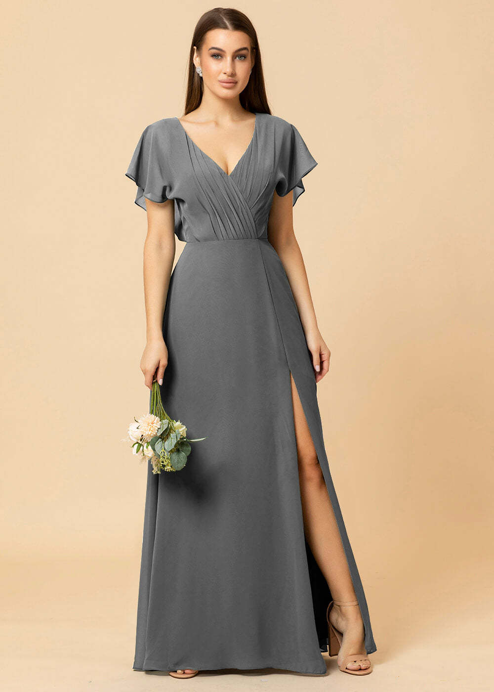 V-neck A-line Cap Sleeve Chiffon Long Bridesmaid Dress