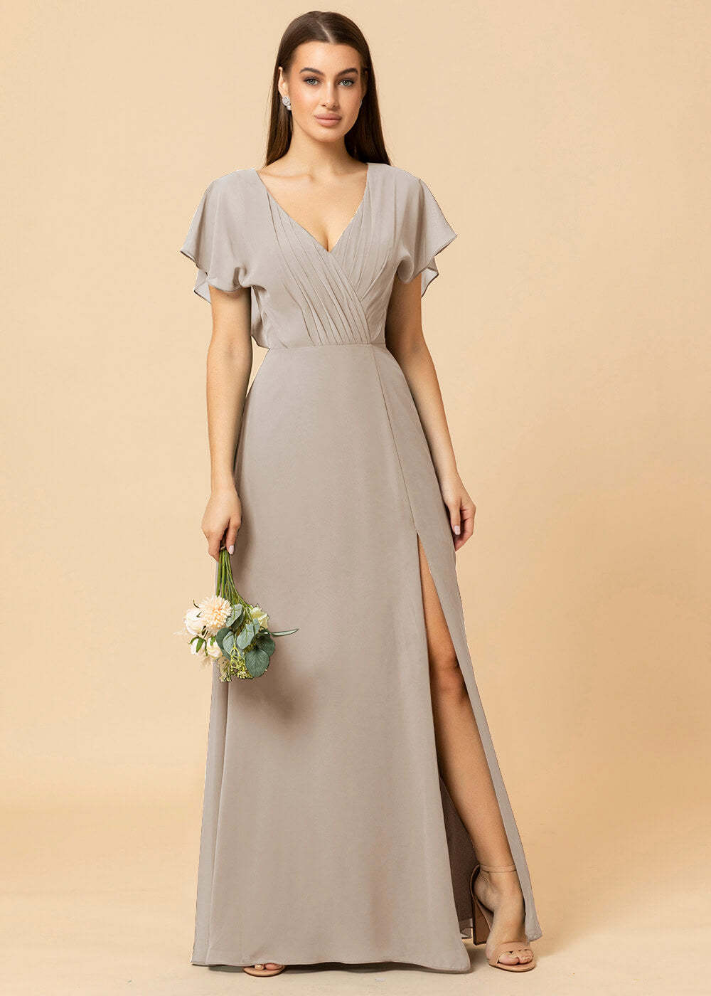 V-neck A-line Cap Sleeve Chiffon Long Bridesmaid Dress