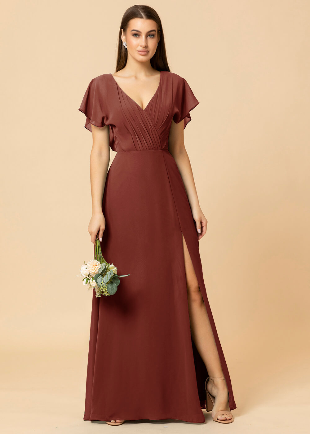 V-neck A-line Cap Sleeve Chiffon Long Bridesmaid Dress