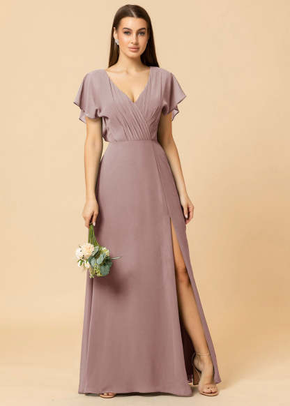 V-neck A-line Cap Sleeve Chiffon Long Bridesmaid Dress
