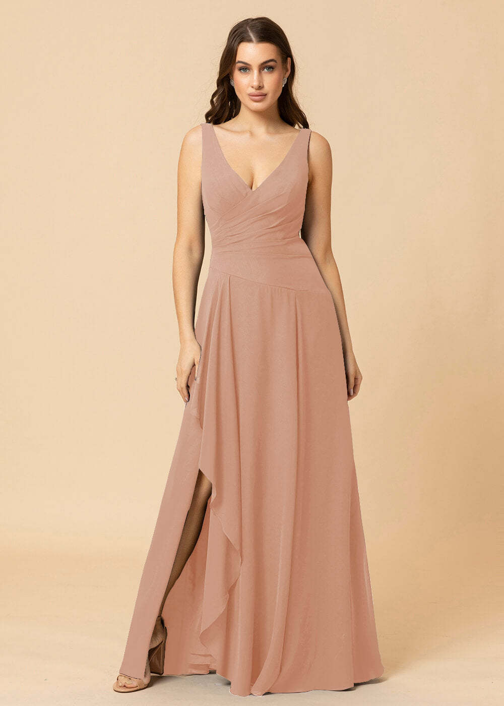 V-neck A-line V-back Chiffon Bridesmaid Dress with Slit