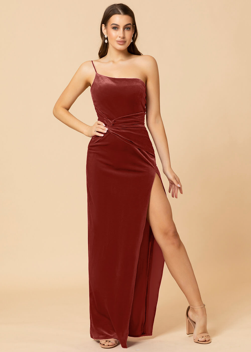 Sheath One Shoulder Velevt Bridesmaid Dress With Side Slit
