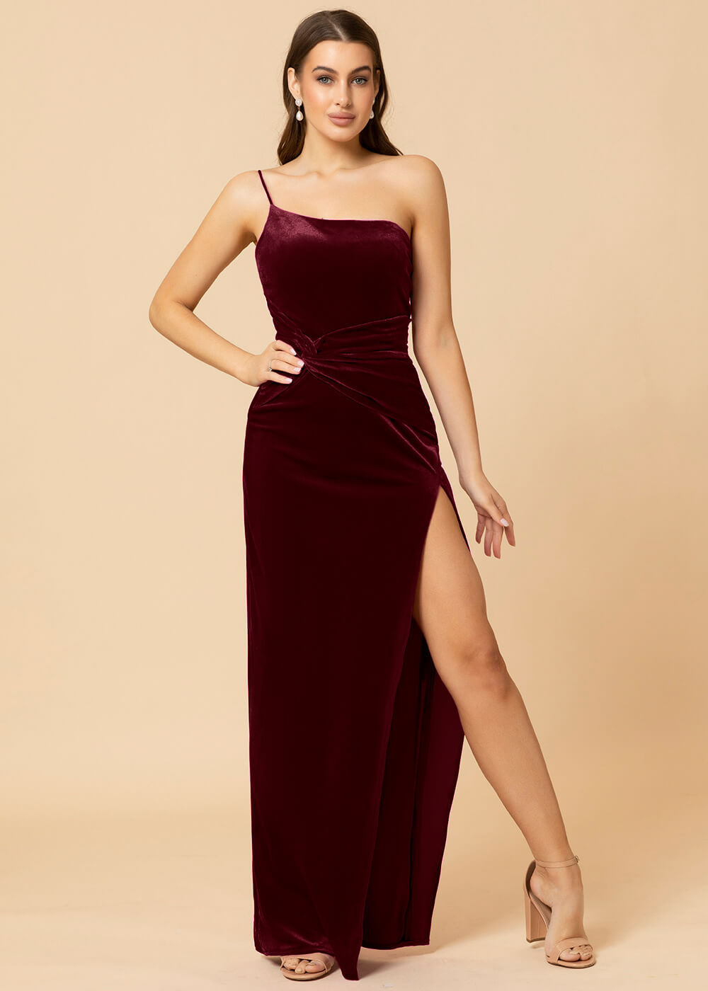 Sheath One Shoulder Velevt Bridesmaid Dress With Side Slit