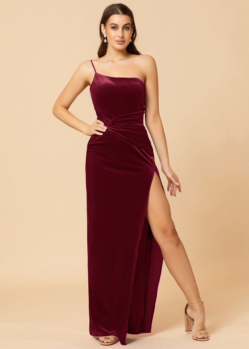 Sheath One Shoulder Velevt Bridesmaid Dress With Side Slit