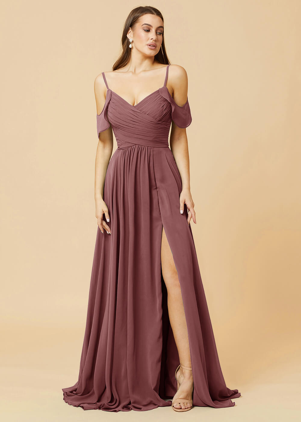 Floor Length V-neck Open Shoulder Sleeve Chiffon Bridesmaid Dress