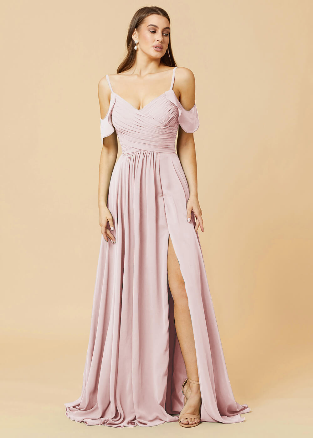 Floor Length V-neck Open Shoulder Sleeve Chiffon Bridesmaid Dress