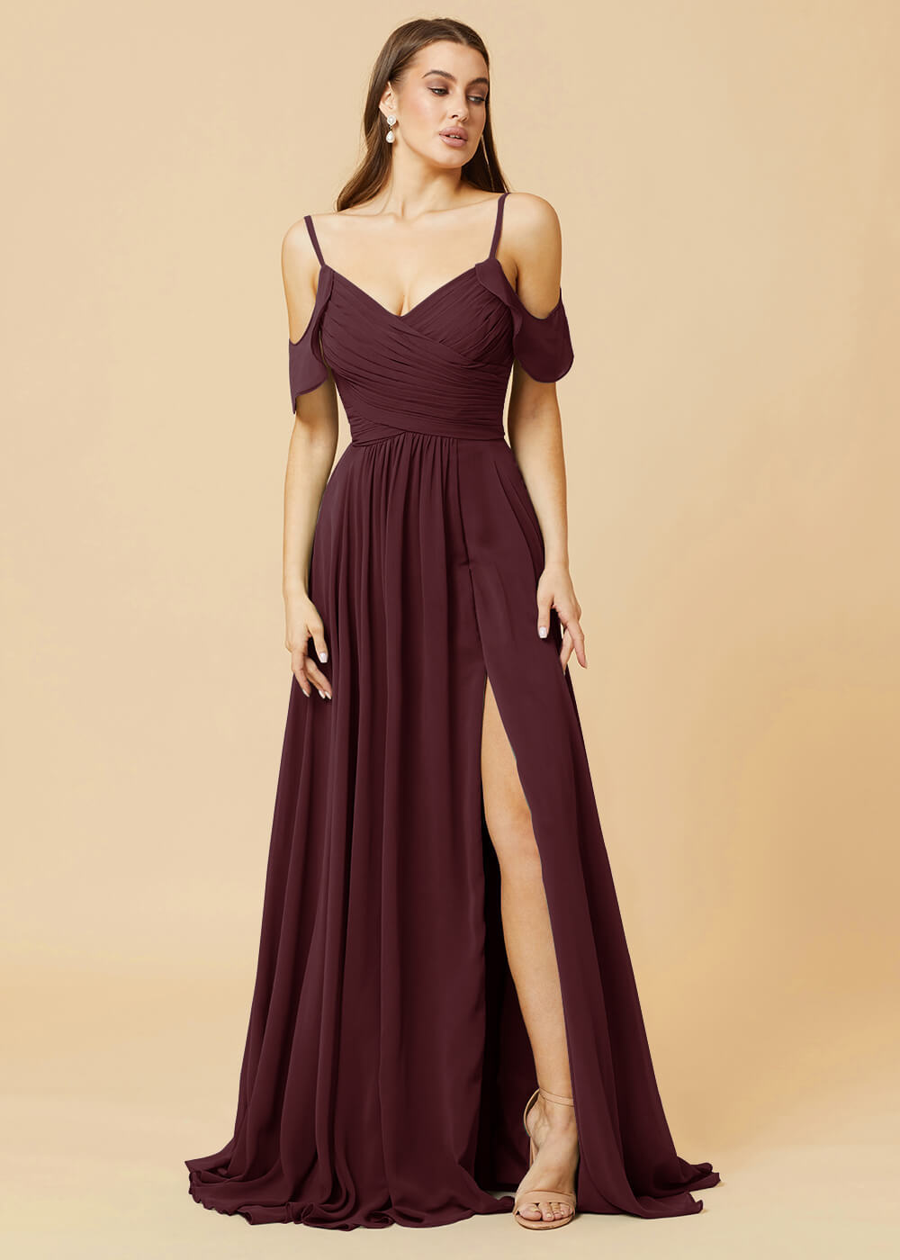 Floor Length V-neck Open Shoulder Sleeve Chiffon Bridesmaid Dress