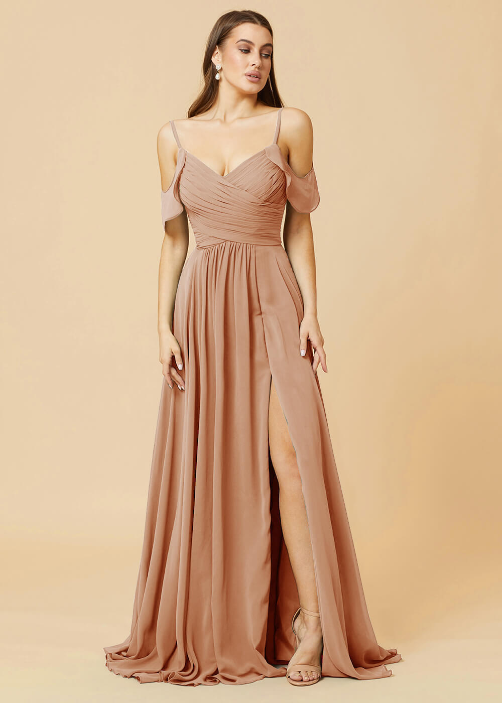 Floor Length V-neck Open Shoulder Sleeve Chiffon Bridesmaid Dress