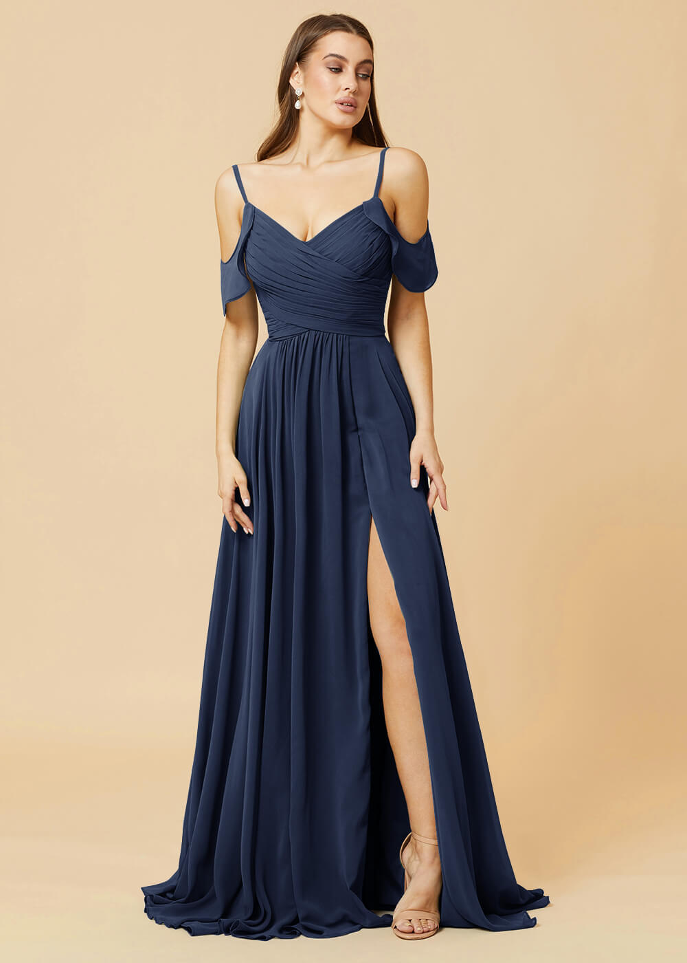 Floor Length V-neck Open Shoulder Sleeve Chiffon Bridesmaid Dress