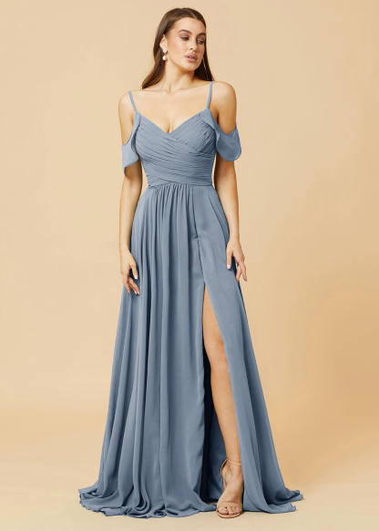 Floor Length V-neck Open Shoulder Sleeve Chiffon Bridesmaid Dress