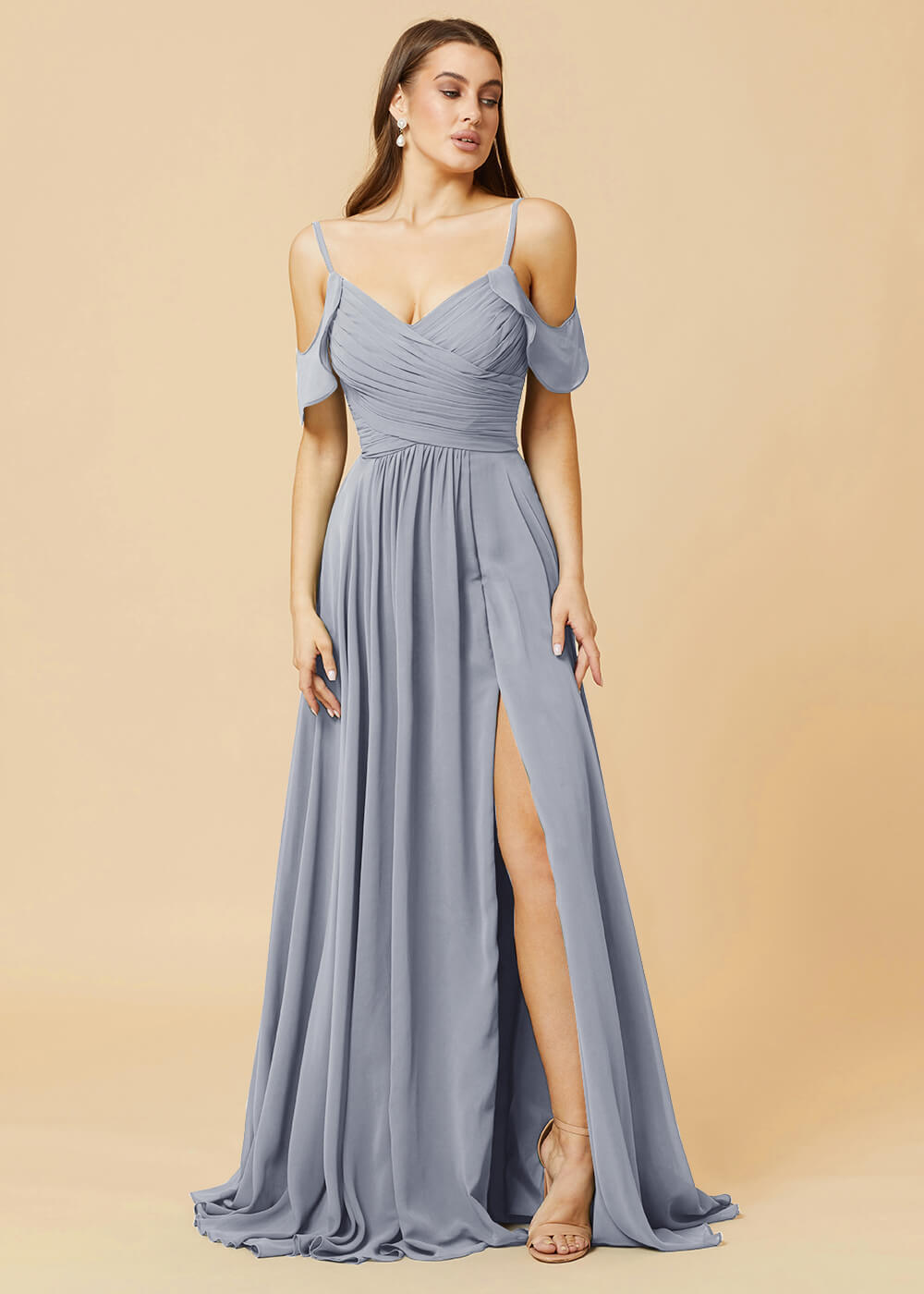 Floor Length V-neck Open Shoulder Sleeve Chiffon Bridesmaid Dress