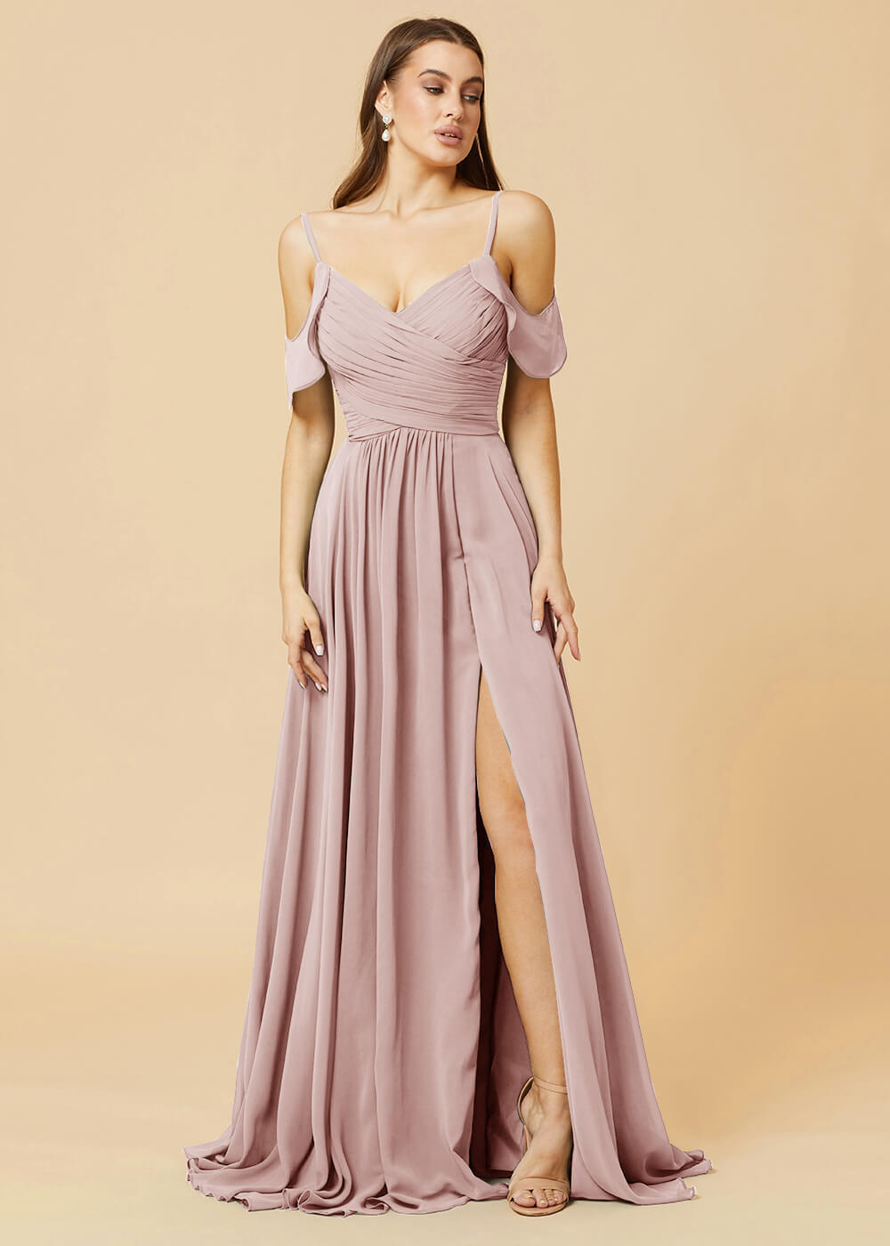 Floor Length V-neck Open Shoulder Sleeve Chiffon Bridesmaid Dress