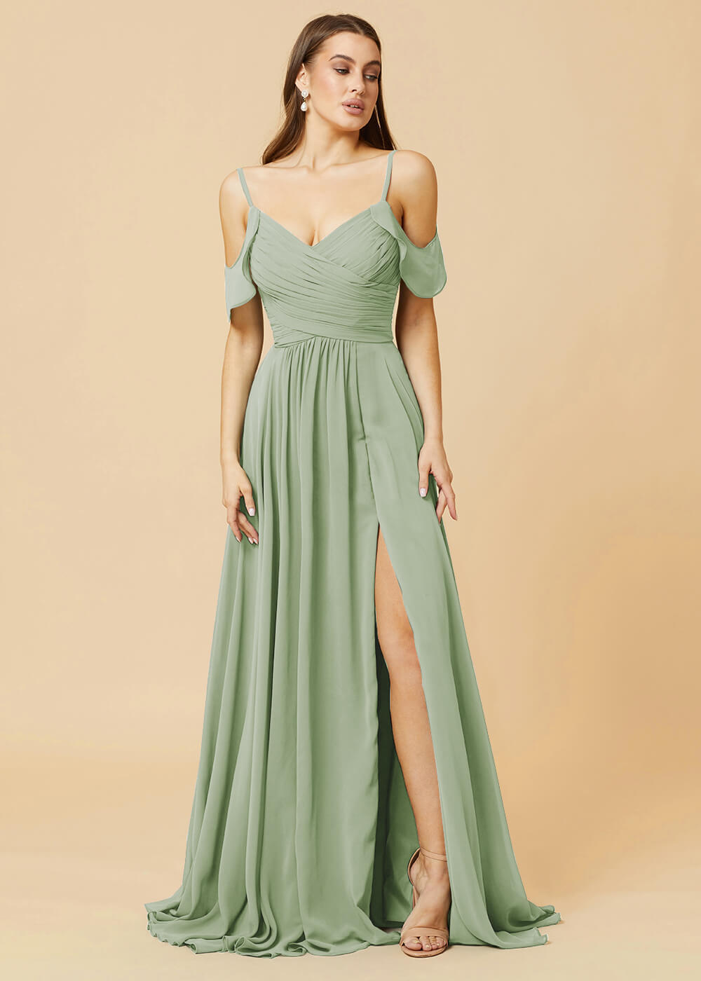 Floor Length V-neck Open Shoulder Sleeve Chiffon Bridesmaid Dress