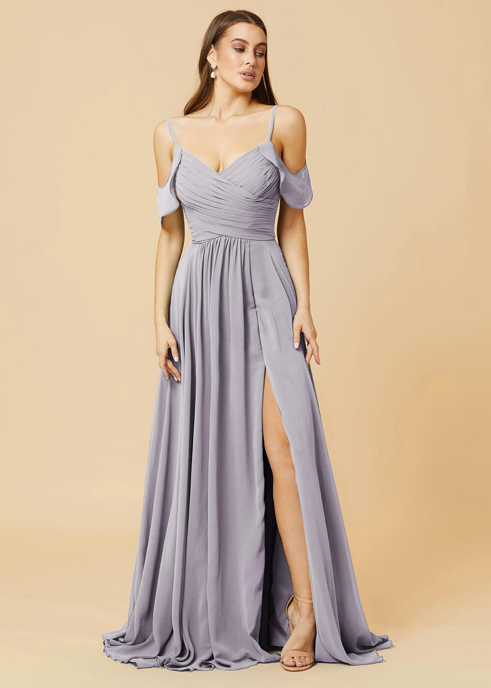 Floor Length V-neck Open Shoulder Sleeve Chiffon Bridesmaid Dress