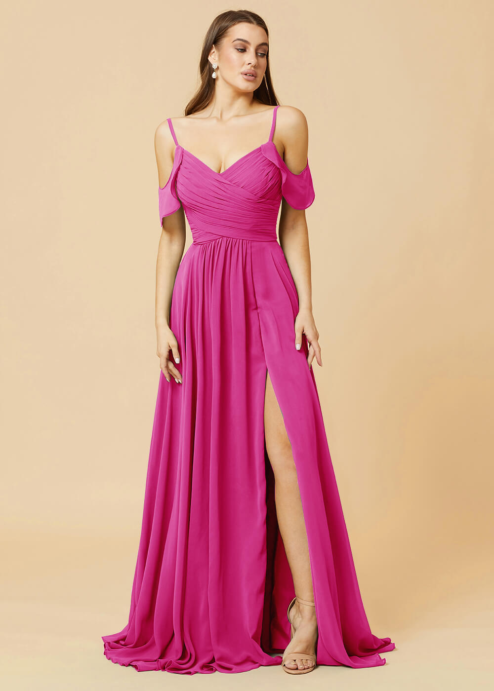 Floor Length V-neck Open Shoulder Sleeve Chiffon Bridesmaid Dress